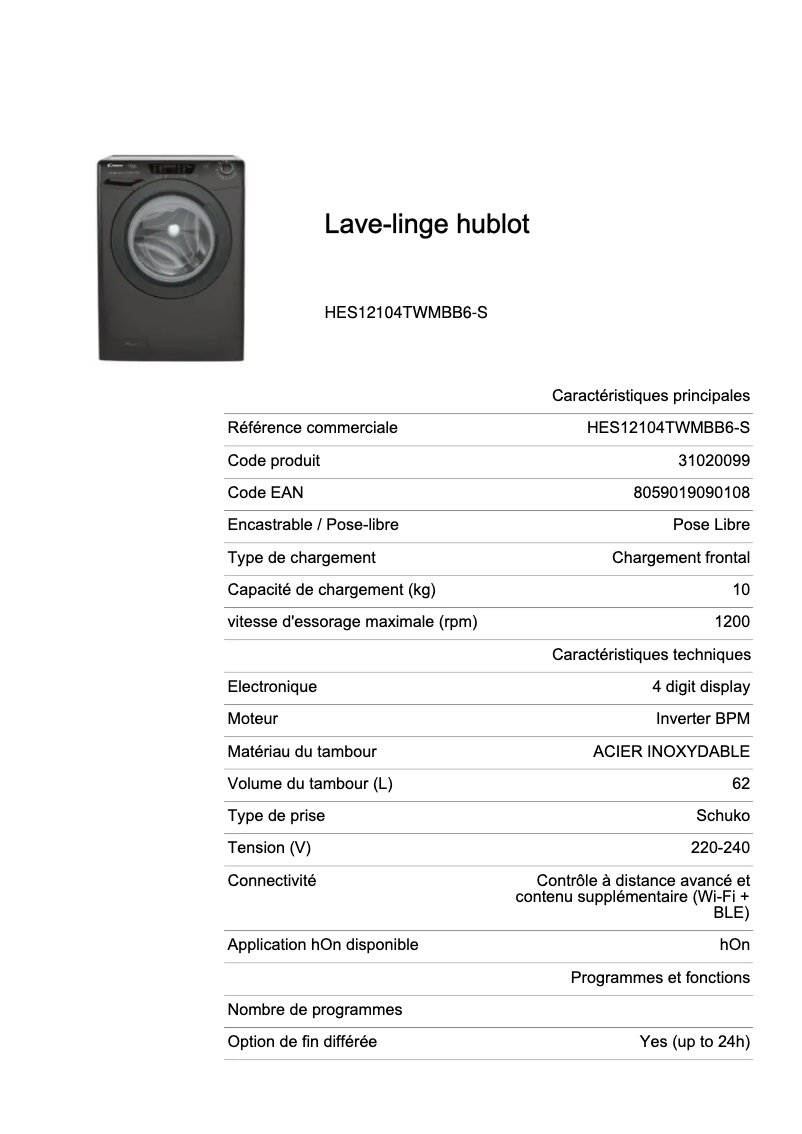 Page 1 de la notice Fiche technique Candy HES12104TWMBB6-S