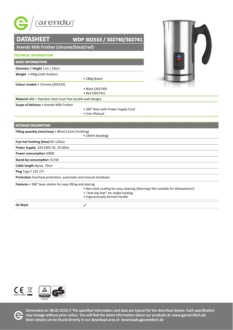 Page 1 de la notice Fiche technique Arendo 302533