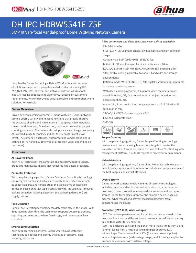 Page 1 de la notice Fiche technique Dahua Technology IPC-HDBW5541E-Z5E
