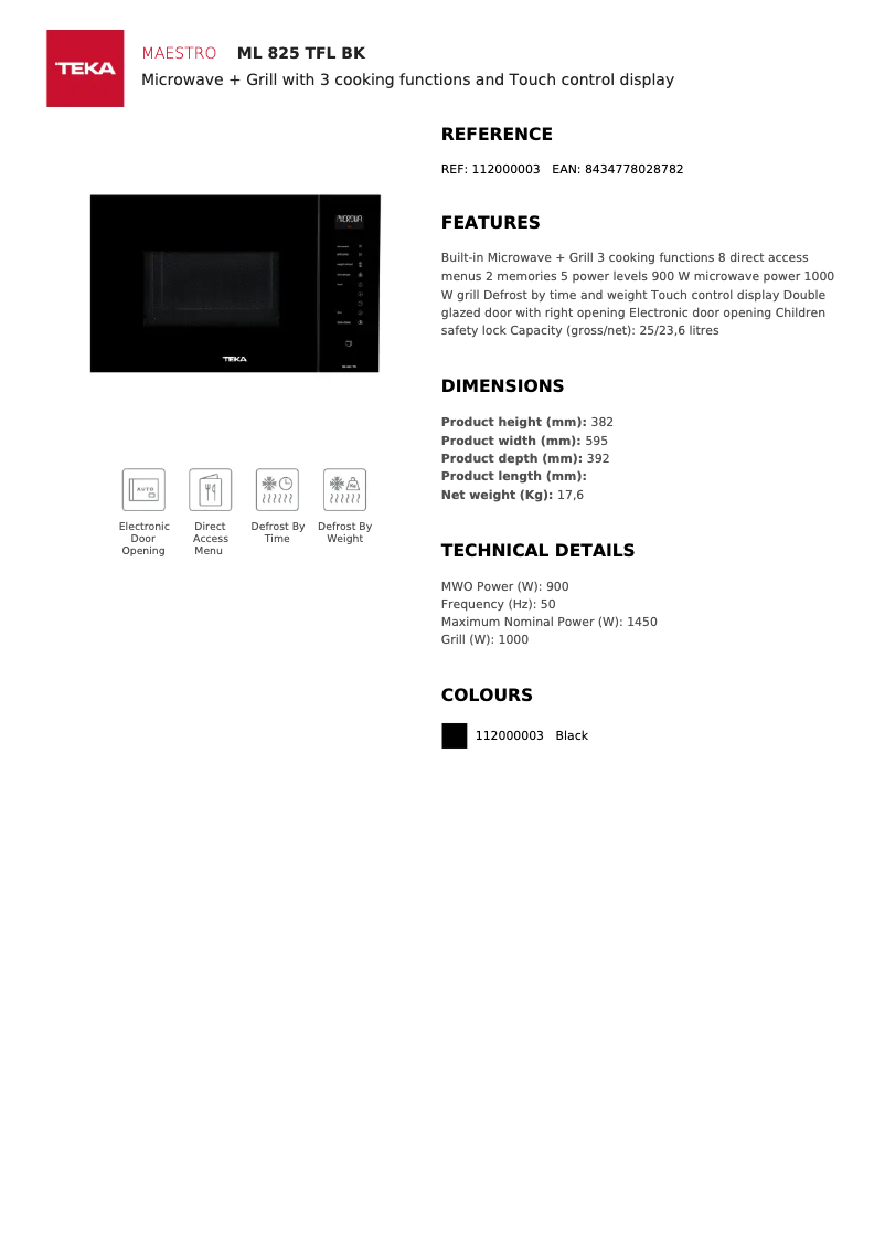 Page 1 de la notice Fiche technique Teka ML 825 TFL BK