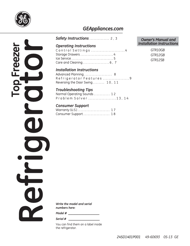 Page 1 de la notice Guide d'installation GE GTR10GBEWW