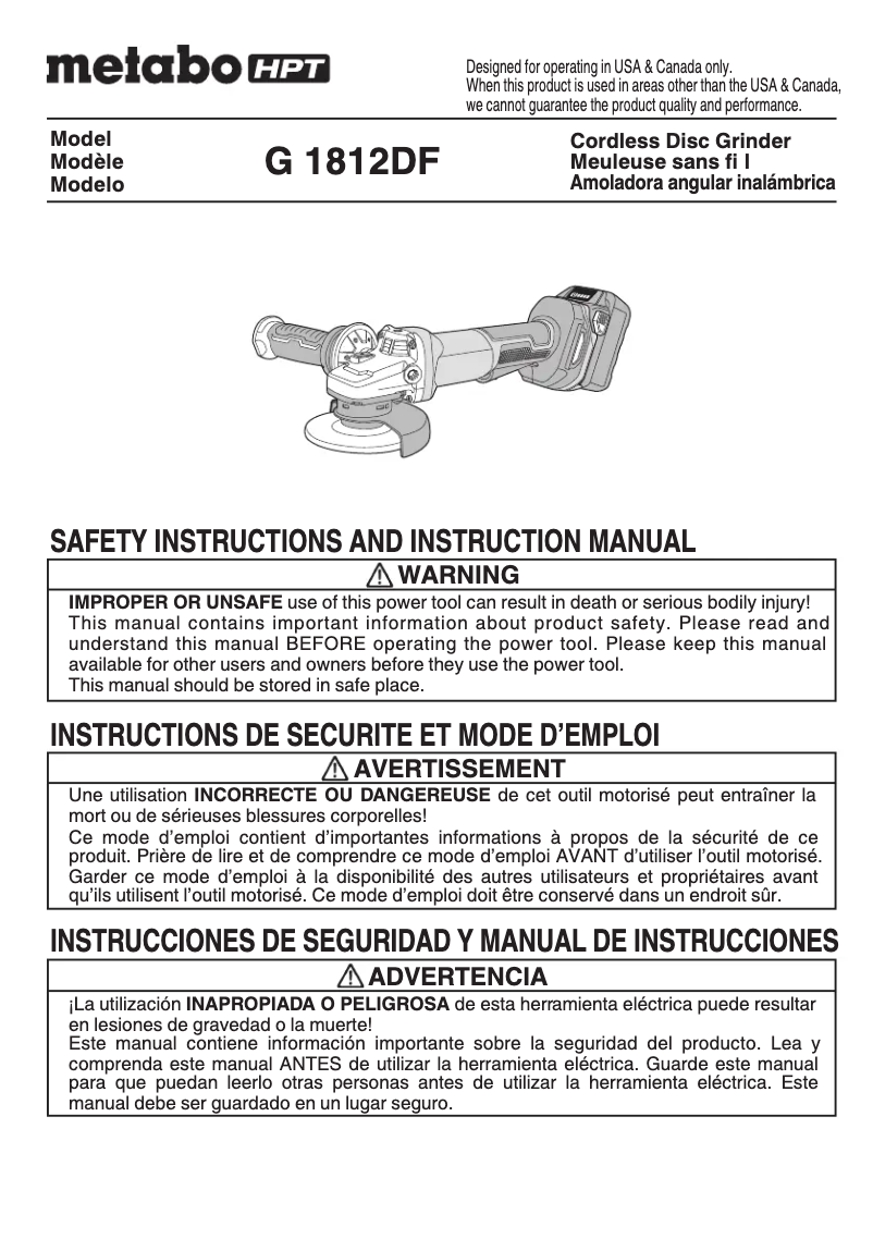 Page 1 de la notice Manuel utilisateur Metabo G1812DF
