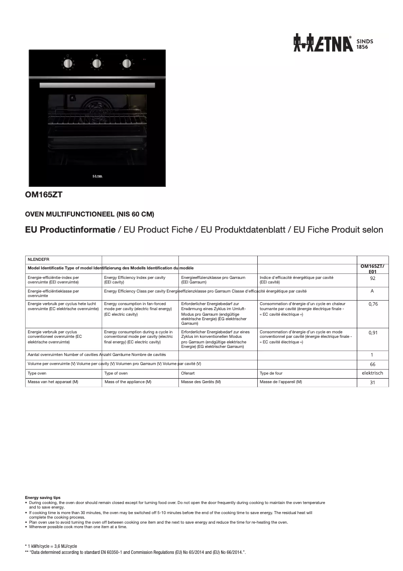 Page 1 de la notice Fiche technique Etna OM165ZT