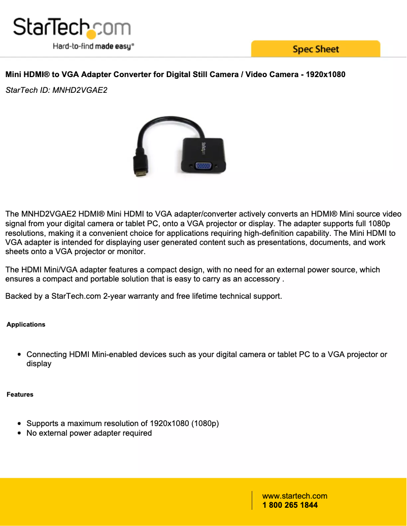 Page 1 de la notice Fiche technique StarTech.com MNHD2VGAE2