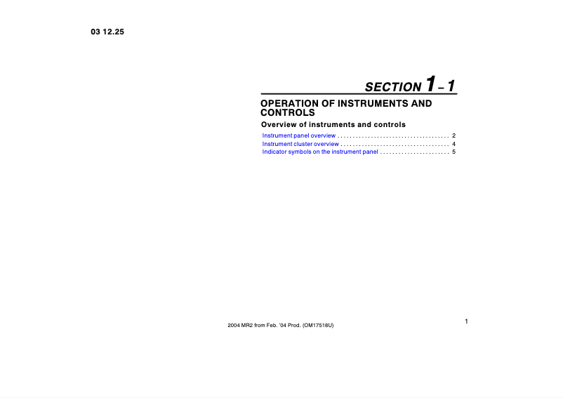 Page 1 de la notice Manuel utilisateur Toyota MR2 Spyder (2004)