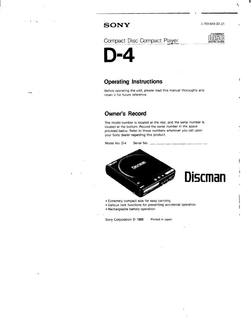 Image de la première page du manuel de l'appareil Discman D-4