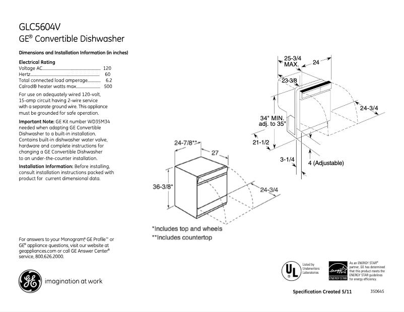 Page n°1 - Fiche technique GE GLC5604VWW