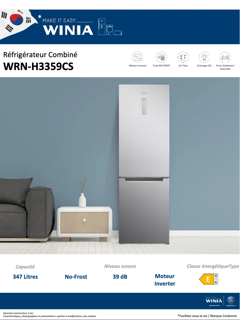 Page 1 de la notice Fiche technique Winia WRN-H3359CS