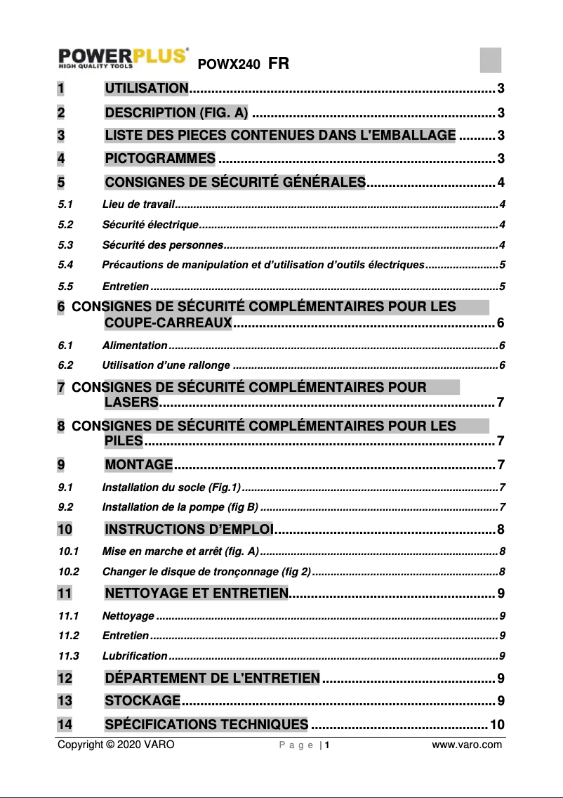 Page n°1 - Manuel utilisateur PowerPlus POWX240