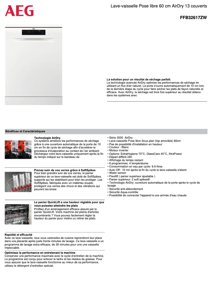 Page 1 de la notice Fiche technique AEG FFB32617ZW