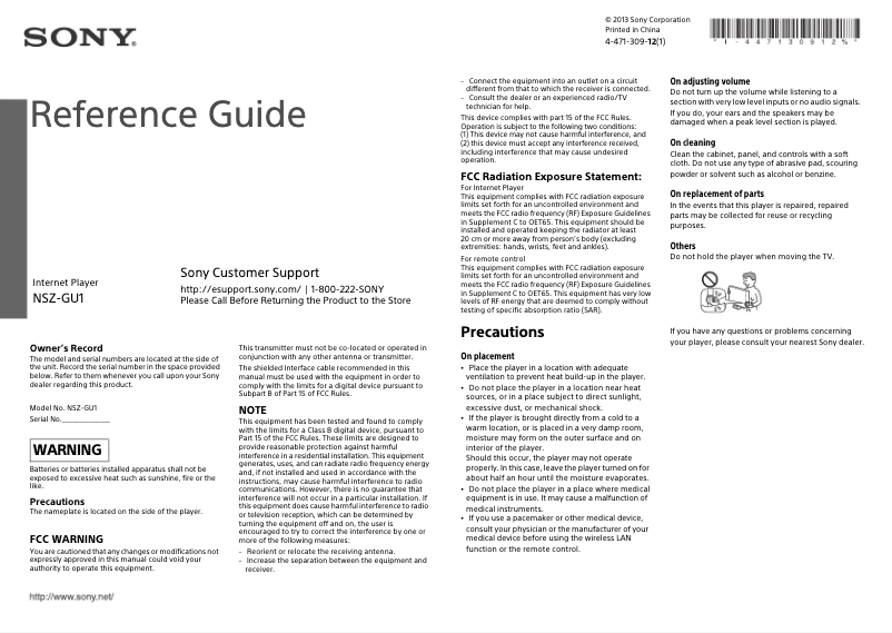 Page 1 de la notice Manuel utilisateur Sony NSZ-GU1
