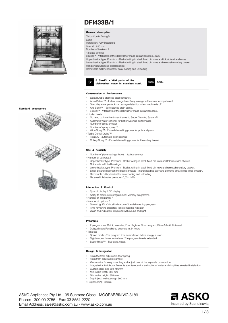 Page n°1 - Fiche technique Asko DFI 433 B/1