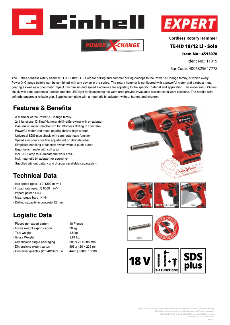 Page n°1 - Fiche technique Einhell TE-HD 18/12 Li - Solo