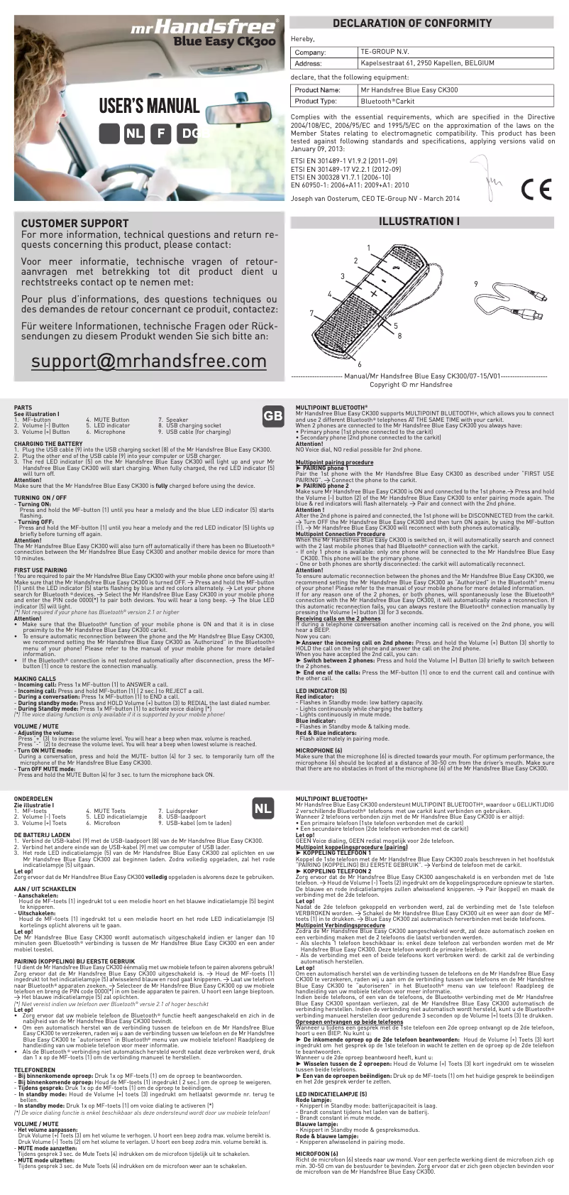 Page 1 de la notice Manuel utilisateur Mr. Handsfree Blue Easy CK300