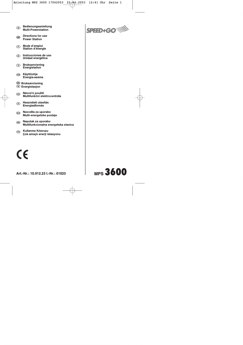 Page 1 de la notice Manuel utilisateur Speed & Go MPS 3600