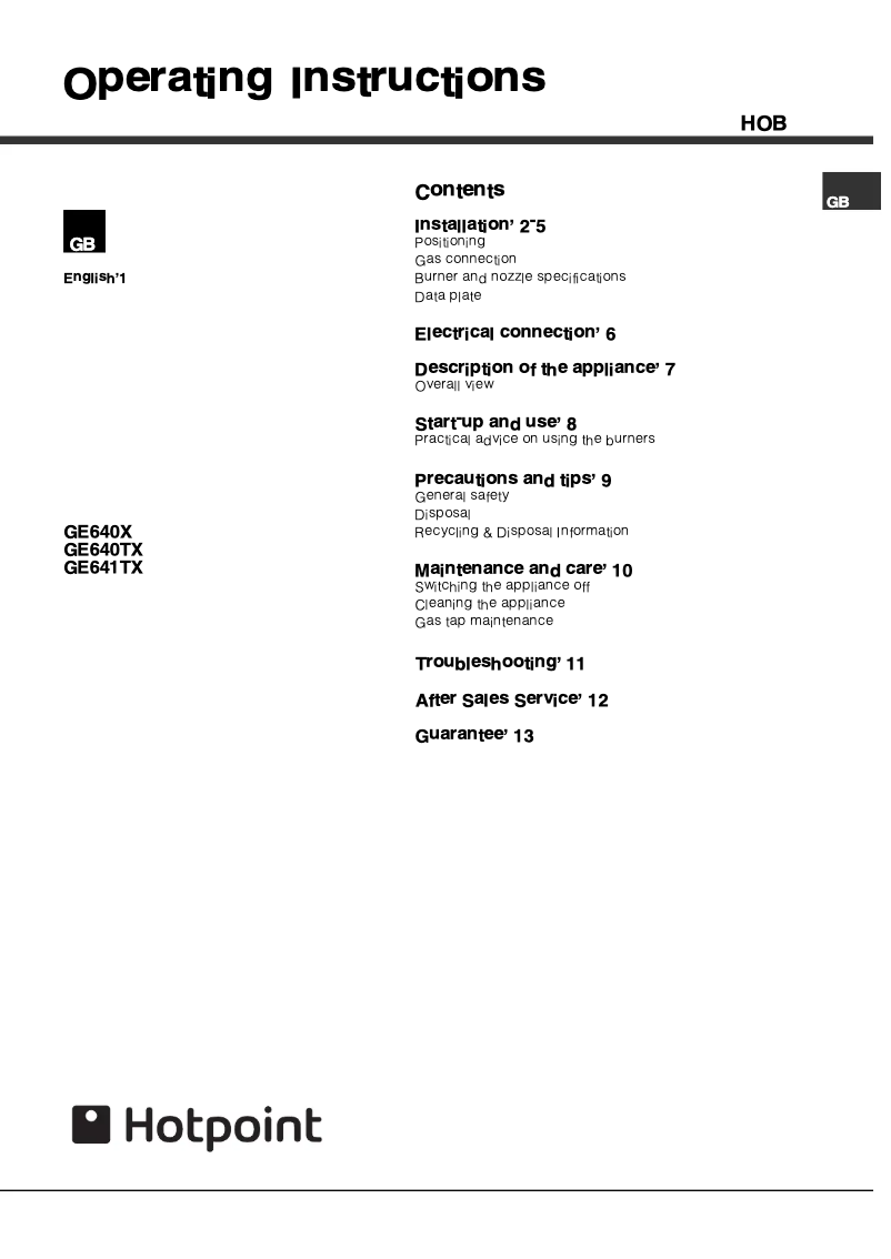 Page 1 de la notice Manuel utilisateur Hotpoint GE641TX