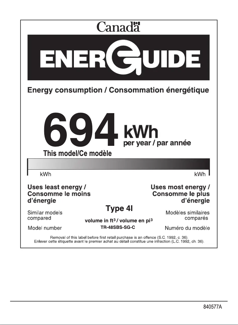 Page 1 de la notice Label énergétique True TR-48SBS-SG-C