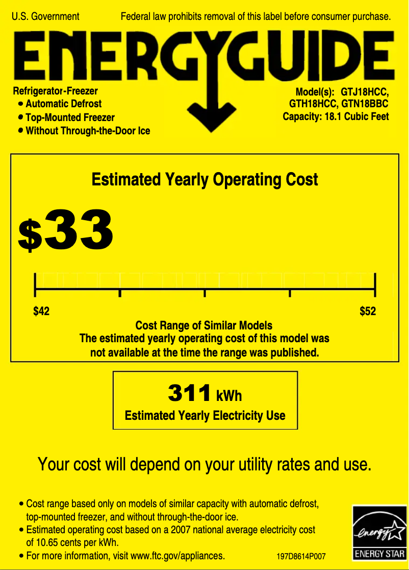 Page 1 of the manual Energy Label GE GTH18HCCBB