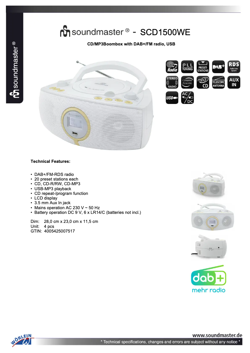 Page n°1 - Fiche technique Soundmaster SCD1500WE