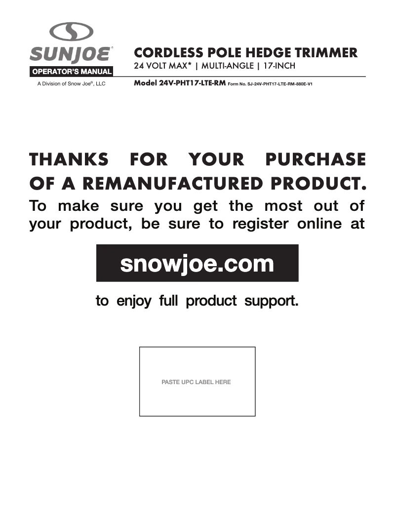 Page 1 de la notice Manuel utilisateur Sun Joe 24V-PHT17-LTE-RM