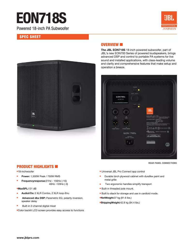 Page n°1 - Fiche technique JBL EON718S