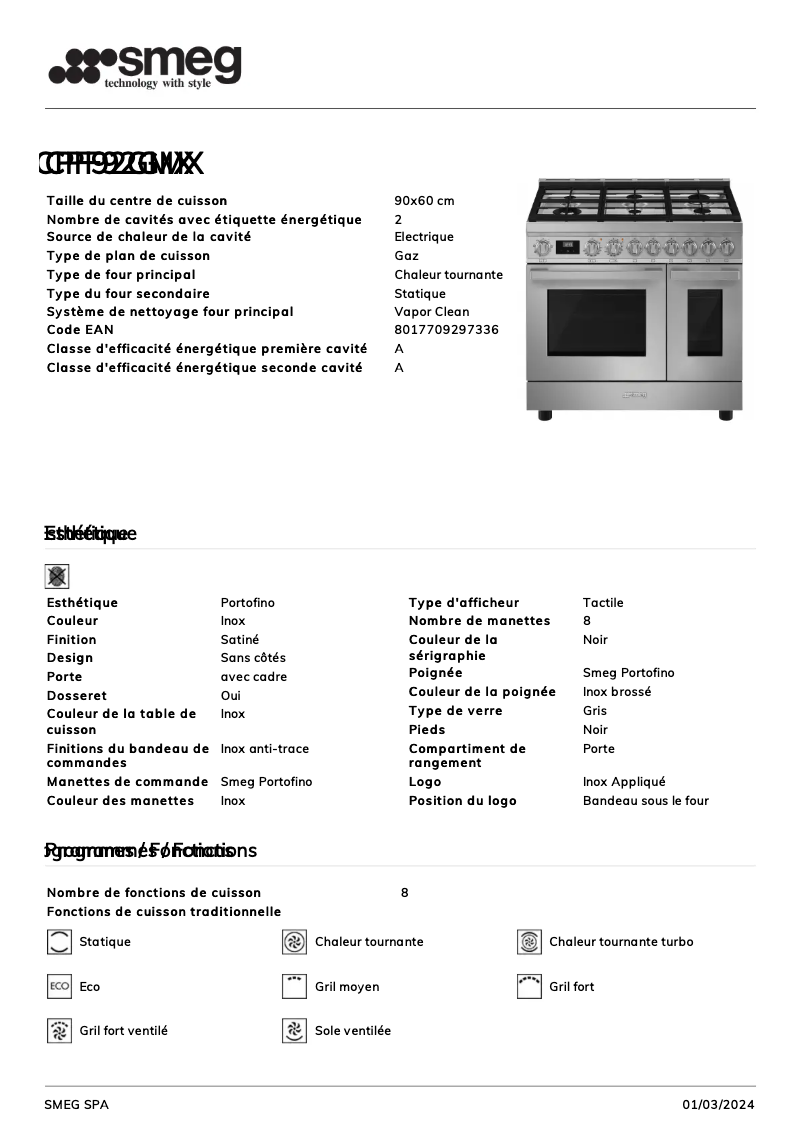 Page 1 de la notice Fiche technique Smeg CPF92GMX