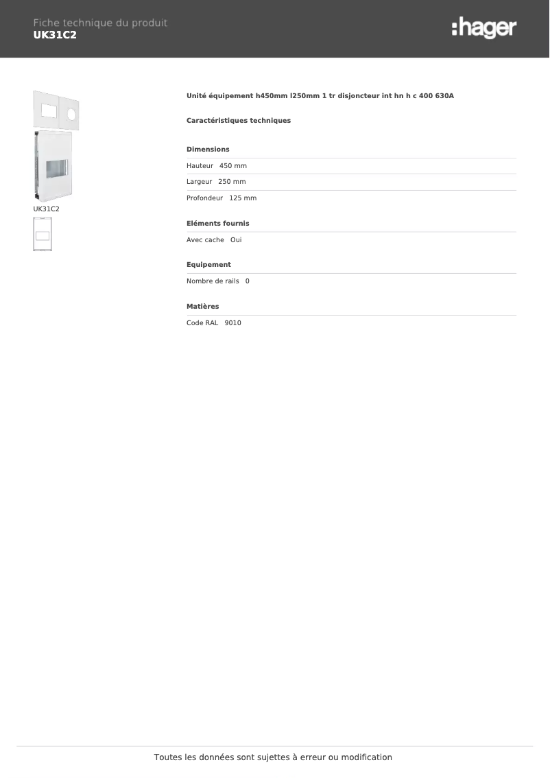 Page 1 de la notice Fiche technique Hager UK31C2