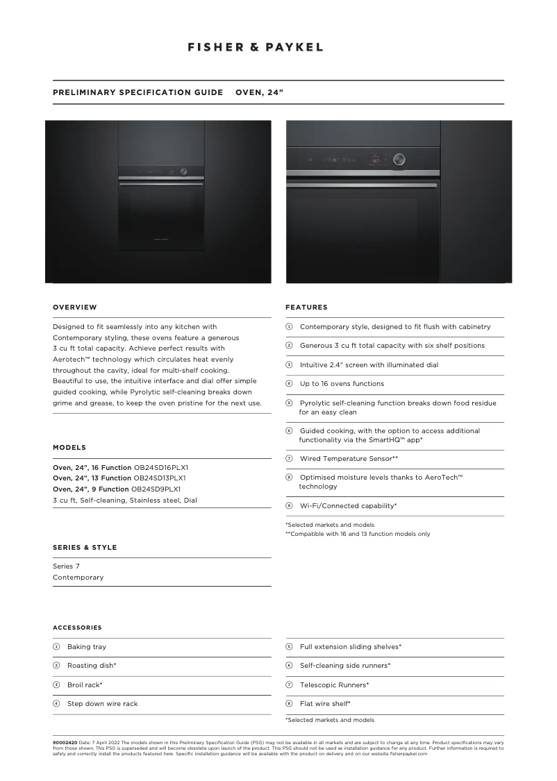 Page 1 de la notice Fiche technique Fisher & Paykel OB24SD11PLX1