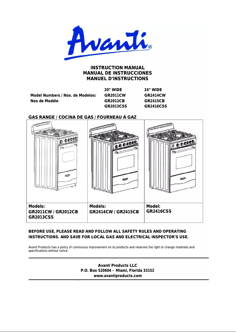 Page 1 de la notice Manuel utilisateur Avanti GR2011CW