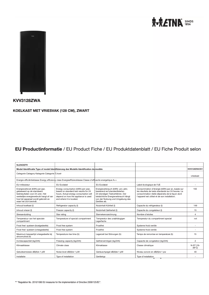 Page n°1 - Fiche technique Etna KVV3128ZWA