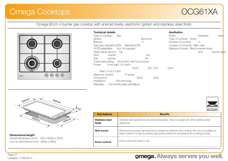 Page n°1 - Fiche technique Omega OCG61XA