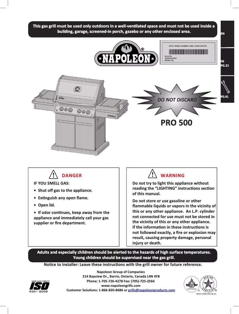 Page 1 de la notice Manuel utilisateur Napoleon PRO 500