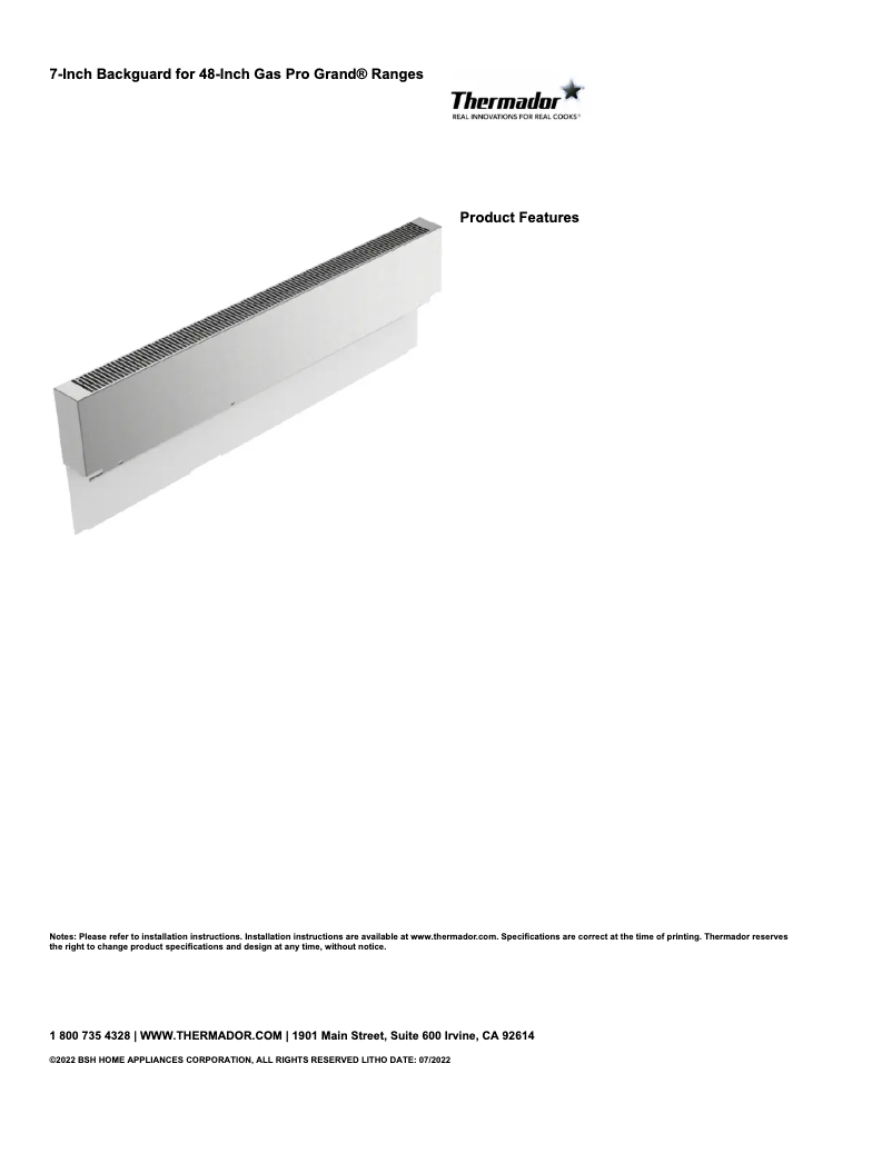 Page 1 de la notice Fiche technique Thermador PA48WLBG