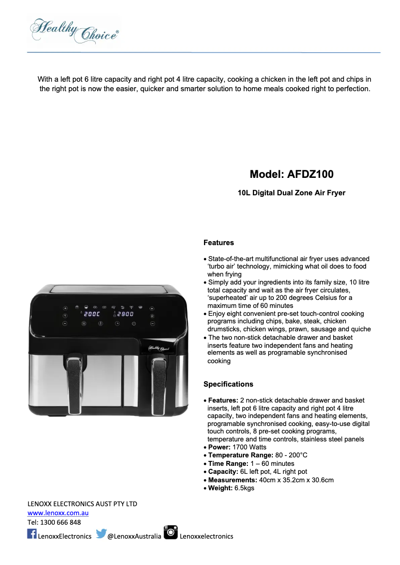 Page n°1 - Manuel utilisateur Lenoxx Healthy Choice AFDZ100