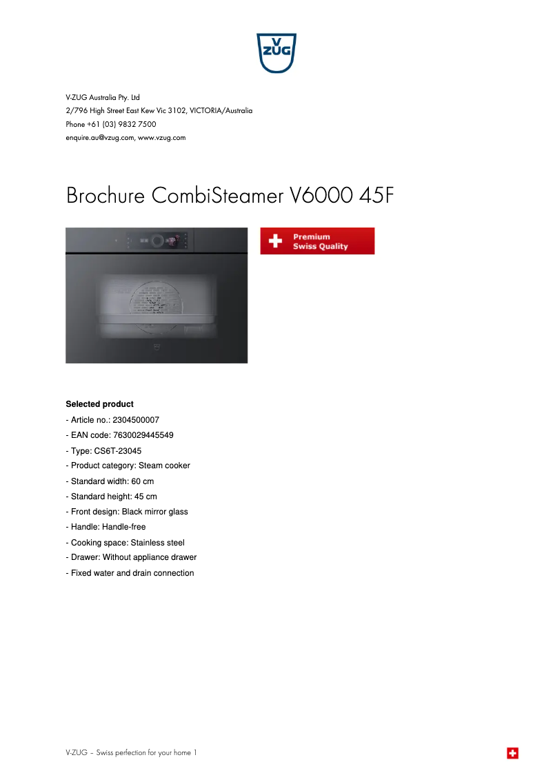 Page 1 de la notice Fiche technique V-Zug CombiSteamer V6000