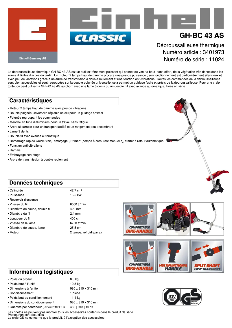 Page 1 de la notice Fiche technique Einhell GH-BC 43 AS