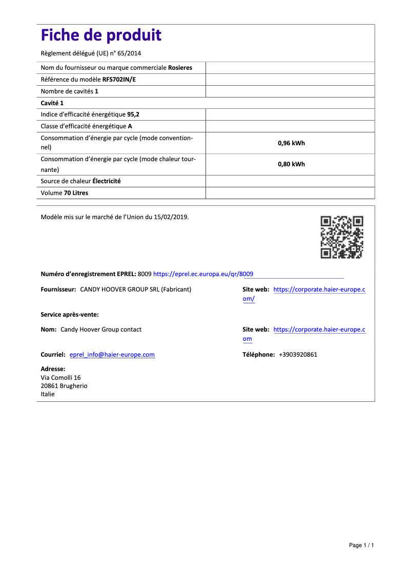 Page 1 de la notice Fiche technique Rosieres RFS 702 IN