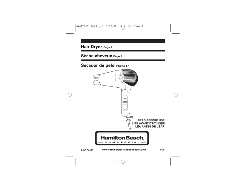 Page 1 de la notice Manuel utilisateur Hamilton Beach HHD601