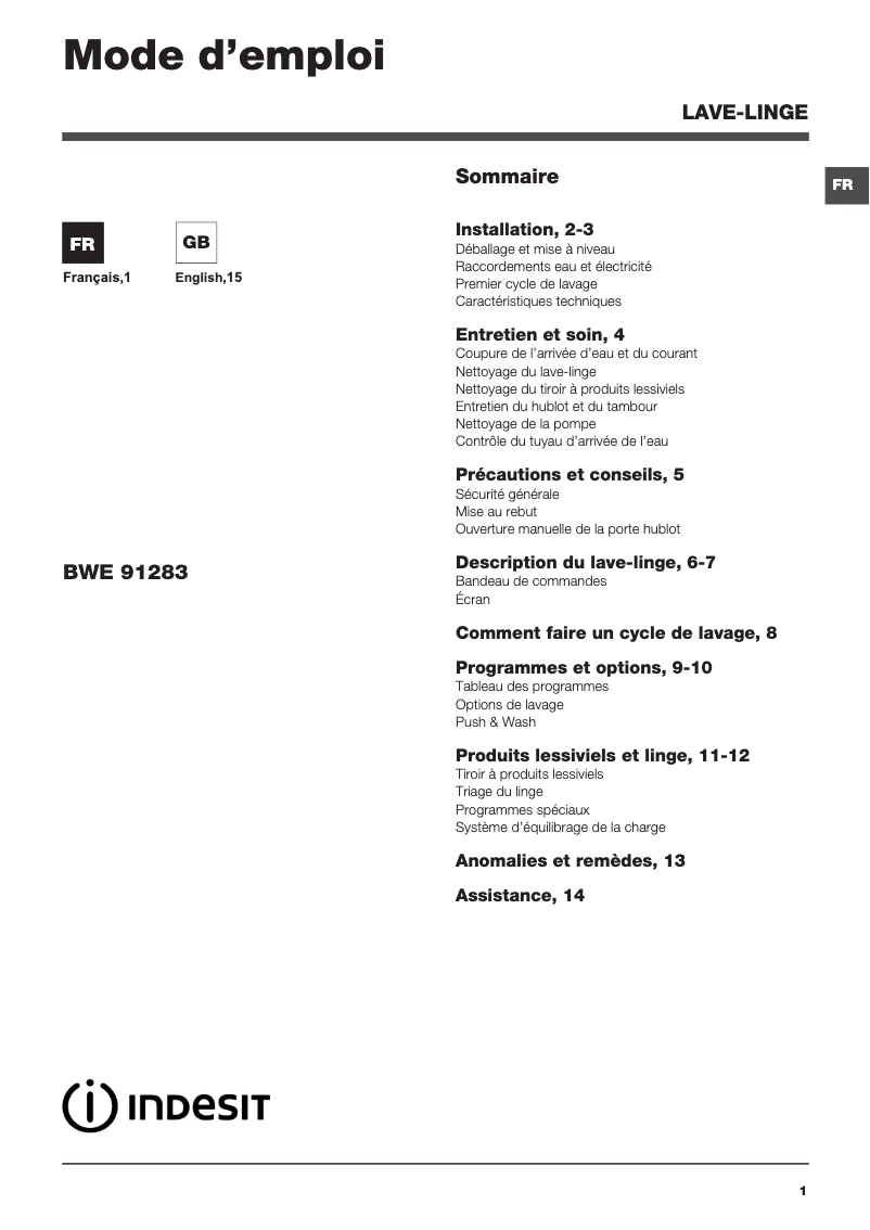 Page n°1 - Manuel utilisateur Indesit BWE 91283X W FR