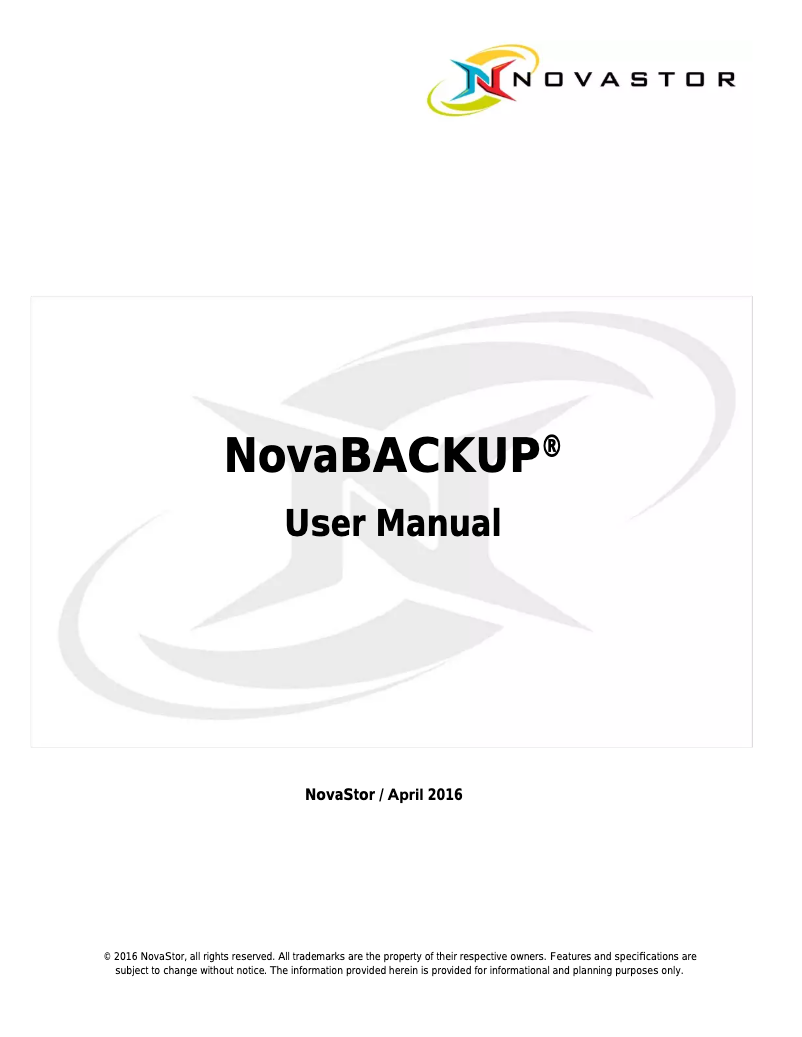Page 1 de la notice Manuel utilisateur Novastor NovaBACKUP PC
