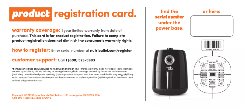 Page n°1 - Informations de garantie Magic Bullet Air Fryer