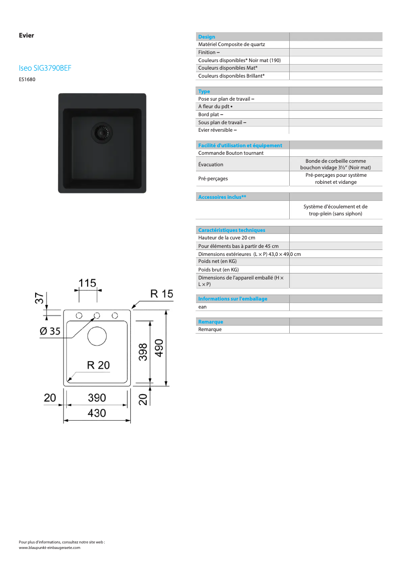 Page n°1 - Fiche technique Blaupunkt Iseo SIG3790BEF