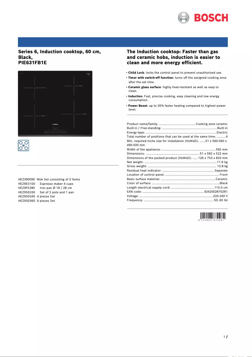 Page 1 de la notice Fiche technique Bosch PIE631FB1E