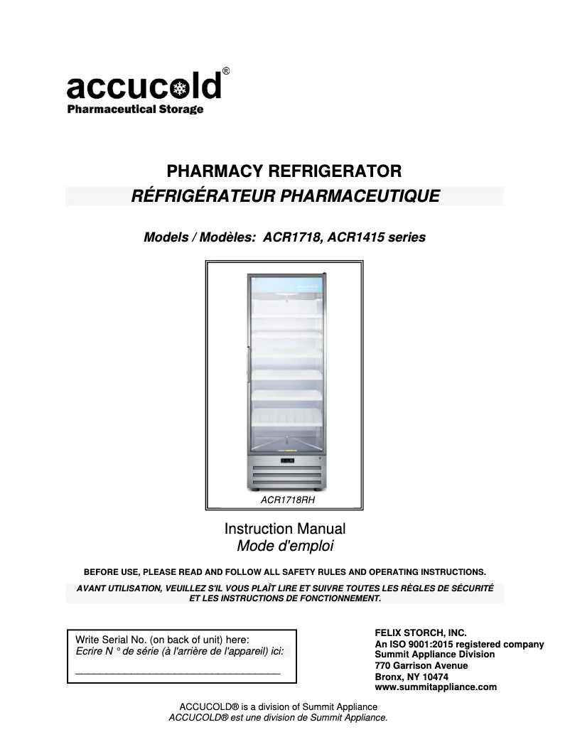 Page 1 de la notice Manuel d'utilisation et d'entretien Accucold ACR1718RH