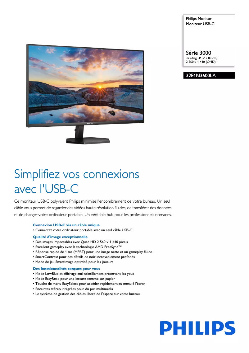 Page 1 de la notice Fiche technique Philips 32E1N3600LA