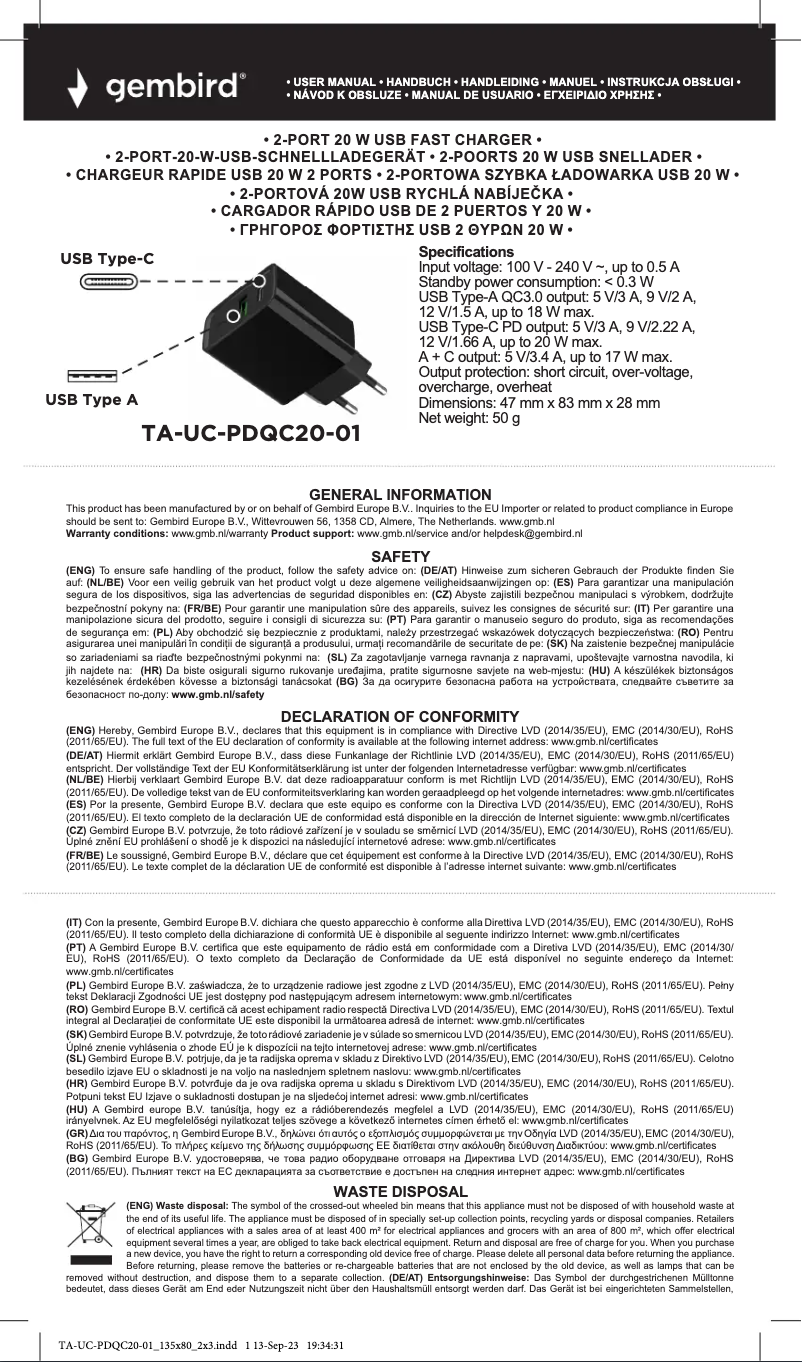 Page 1 de la notice Manuel utilisateur Gembird TA-UC-PDQC20-01