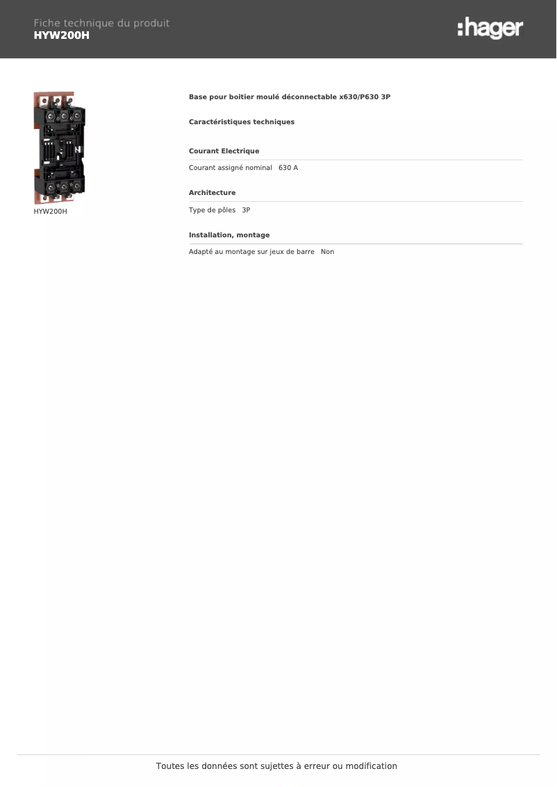 Page 1 de la notice Fiche technique Hager HYW200H
