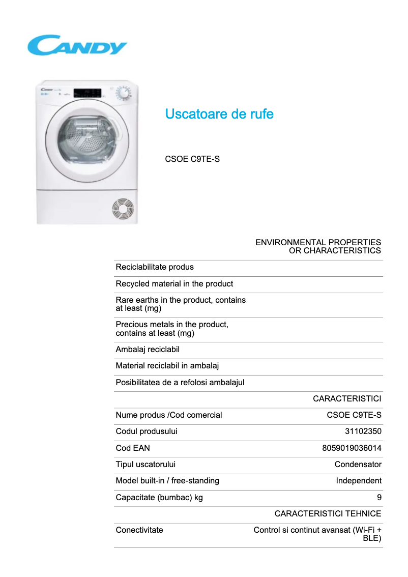 Page 1 de la notice Fiche technique Candy CSOE C9TE-S