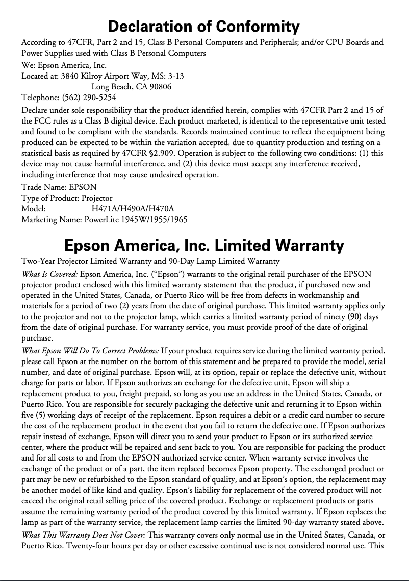 Página 1 del manual Información de garantía Epson PowerLite 1945W