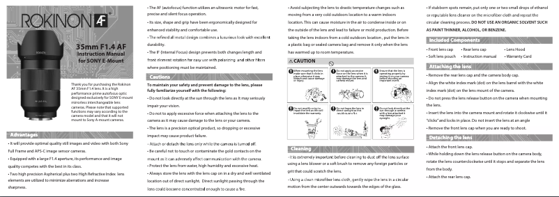 Page 1 de la notice Manuel utilisateur Samyang 35mm f/1.4 AF Sony FE